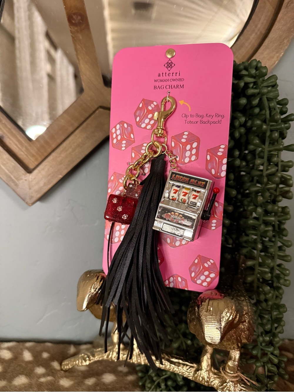 Atterri Black Tassel Bag Charm with Red and pink Dice